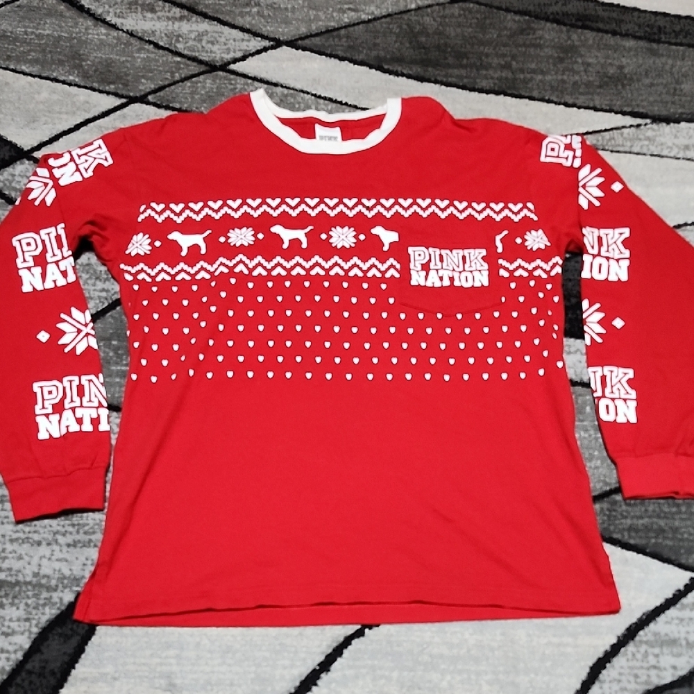 VS PINK NATION 2016 RED SN0WFLAKE & DOG CREWNECK LONG-SLEEVE TEE-SHIRT HOLIDAYS